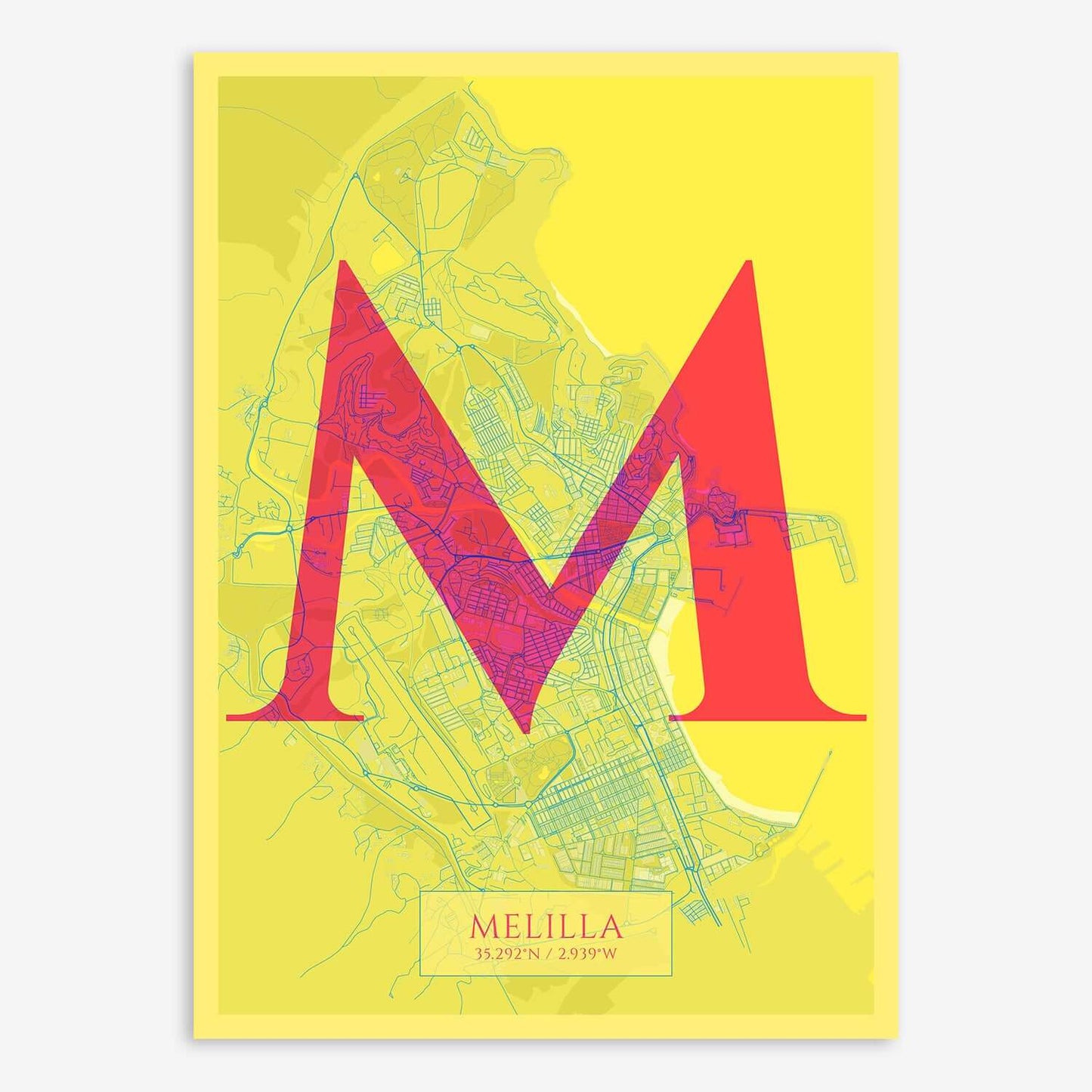 The map of Melilla composed with letters in serif font printed on yellow and fuchsia