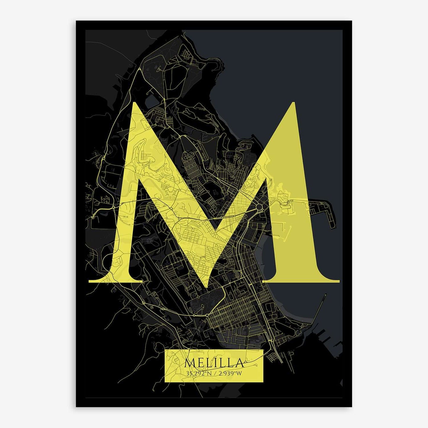 The map of Melilla composed with letters in serif font printed on black and yellow