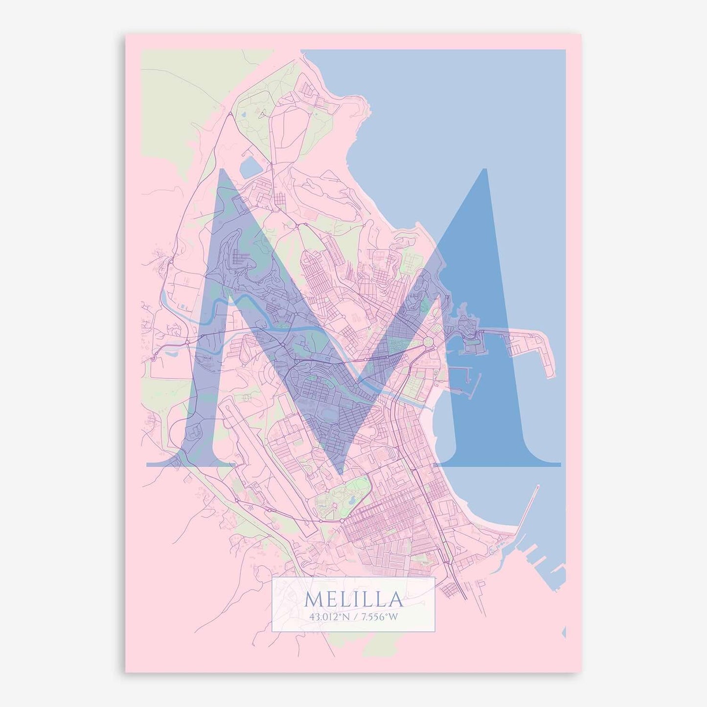 The map of Melilla composed with letters in serif font printed on pink and light blue