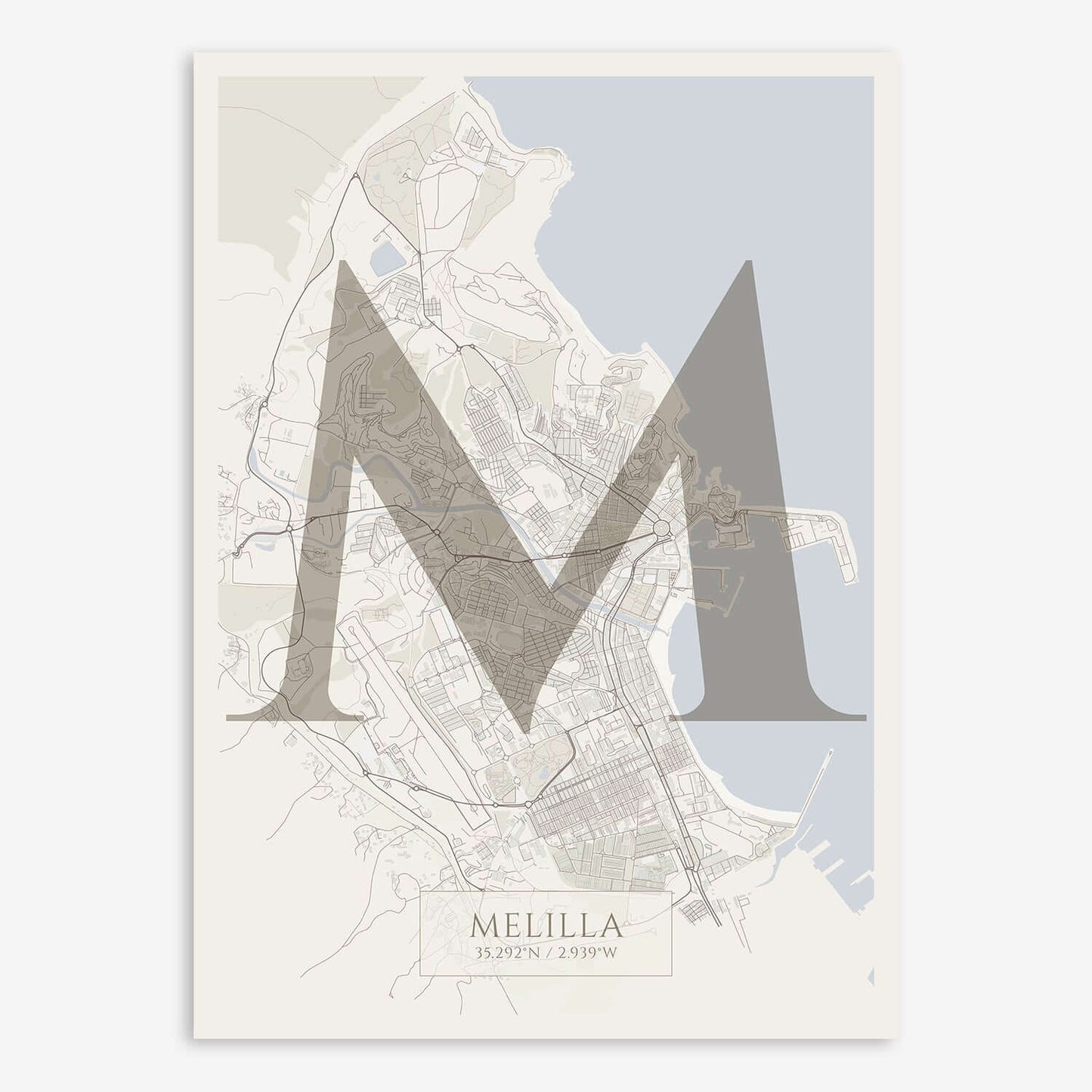 The map of Melilla composed with letters in serif font printed on light brown and an off-white background