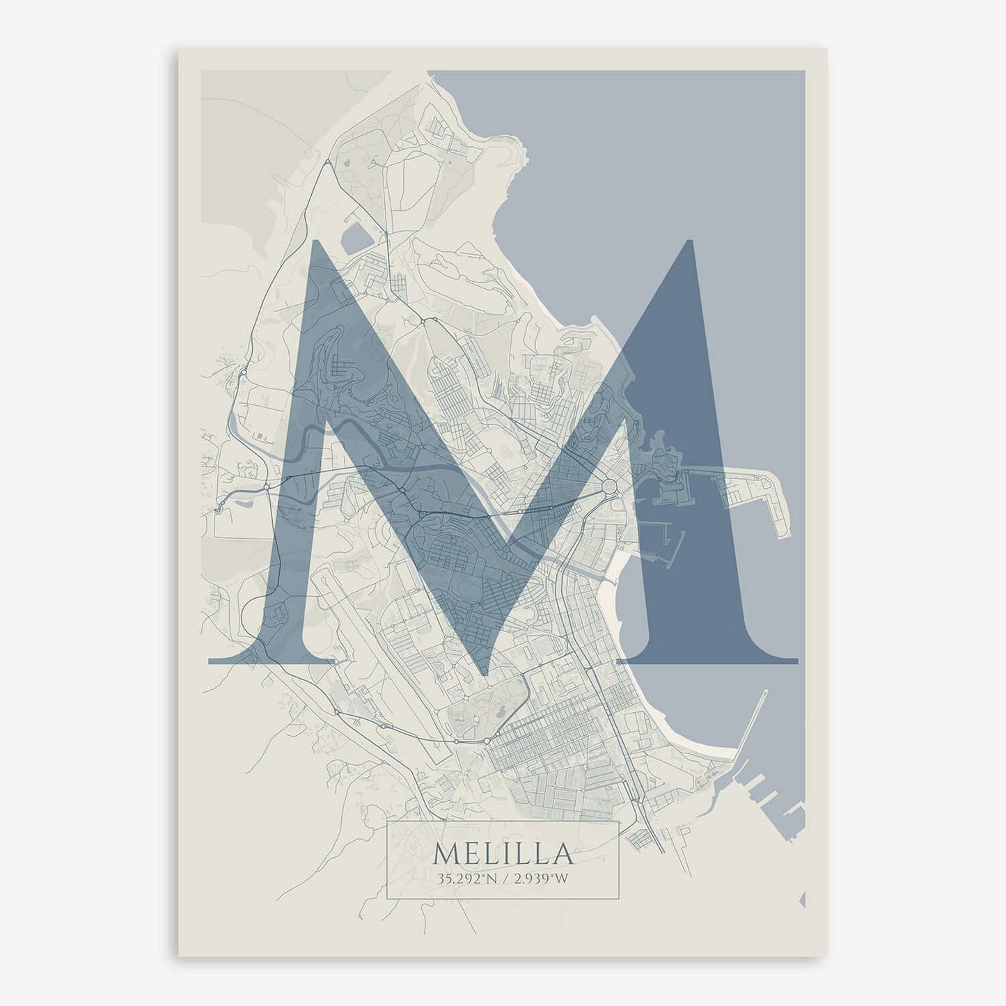 The map of Melilla composed with letters in serif font printed on bluish gray and an off-white background