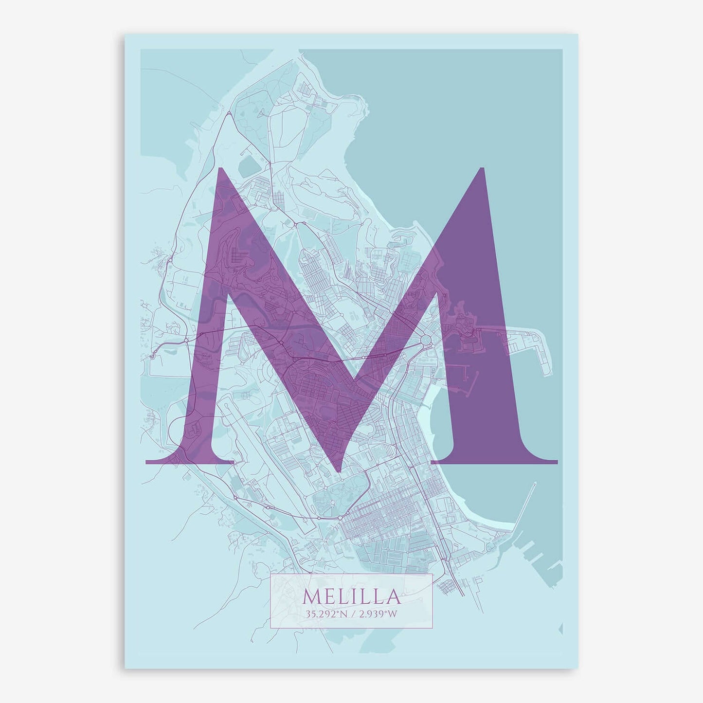 The map of Melilla composed with letters in serif font printed on purple and light blue