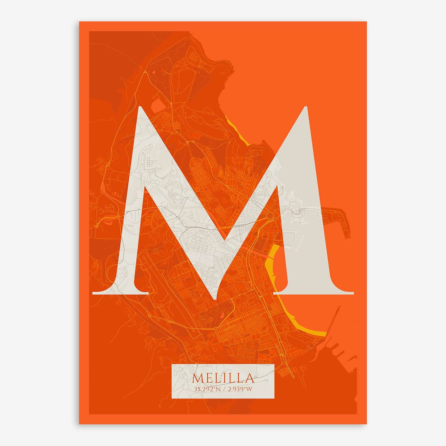 The map of Melilla composed with letters in serif font printed on orange and an off-white background