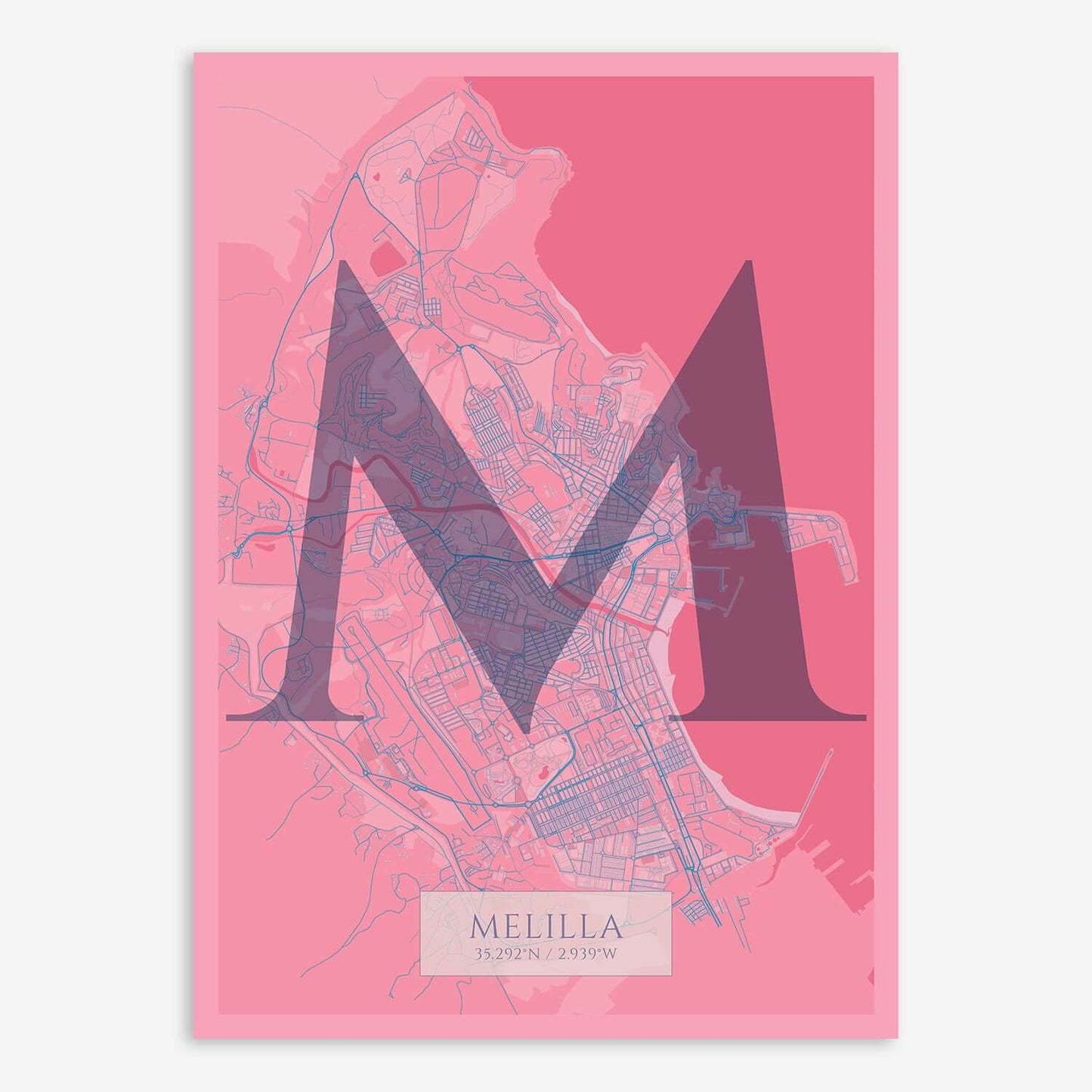 The map of Melilla composed with letters in serif font printed on violet y pink background