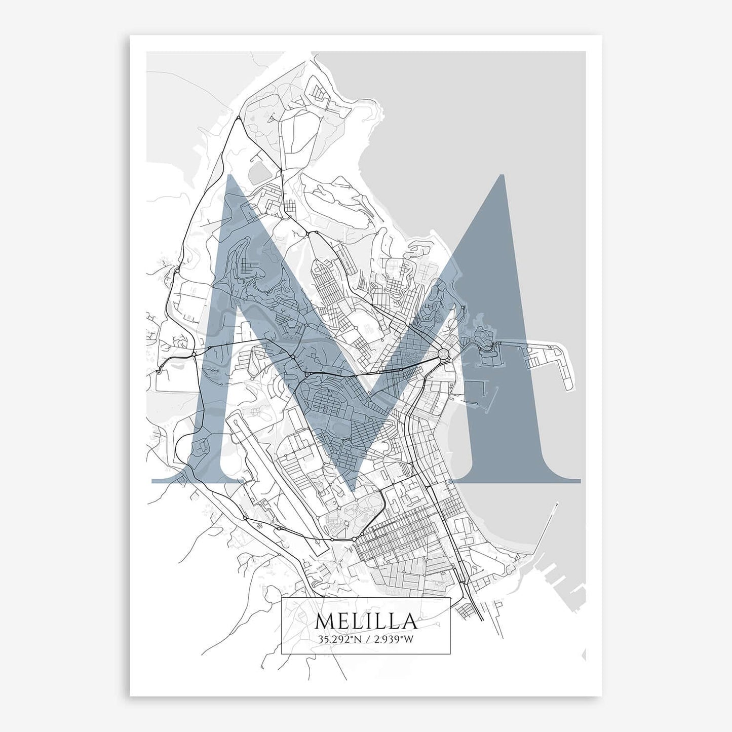 The map of Melilla composed with letters in serif font printed on black and white