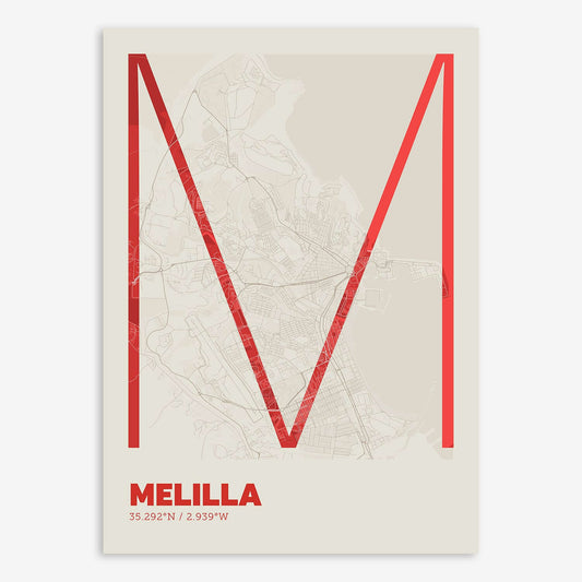 The map of Melilla composed with letters in extra light font printed on red and an off-white background