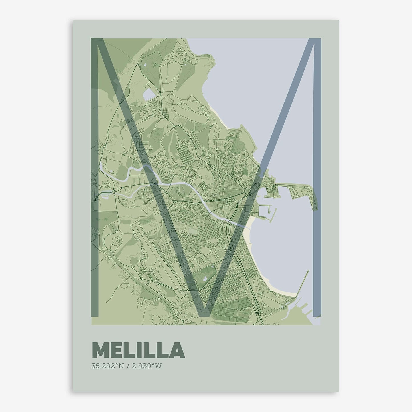The map of Melilla composed with letters in extra light font printed on two green tones