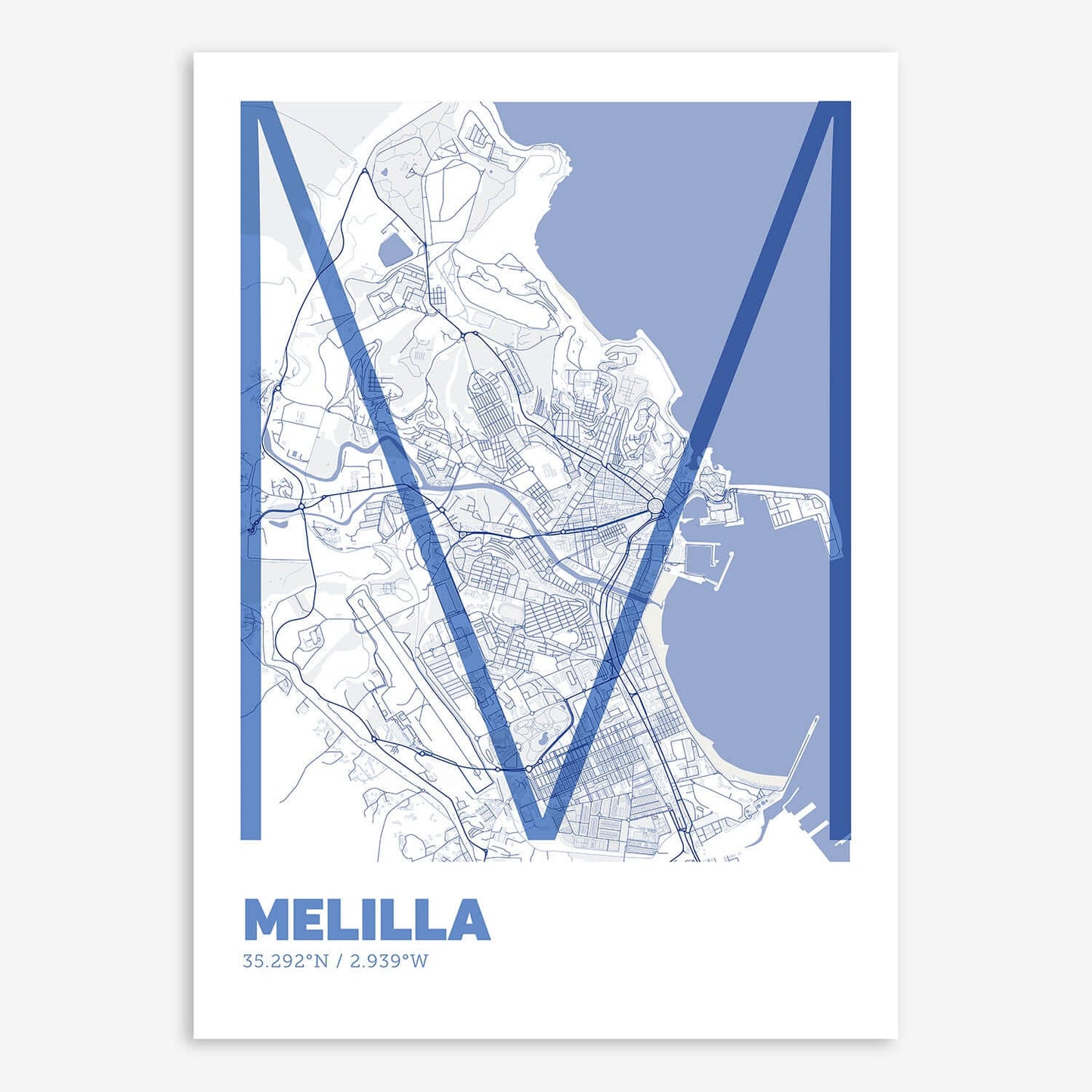 The map of Melilla composed with letters in extra light font printed on navy blue and white