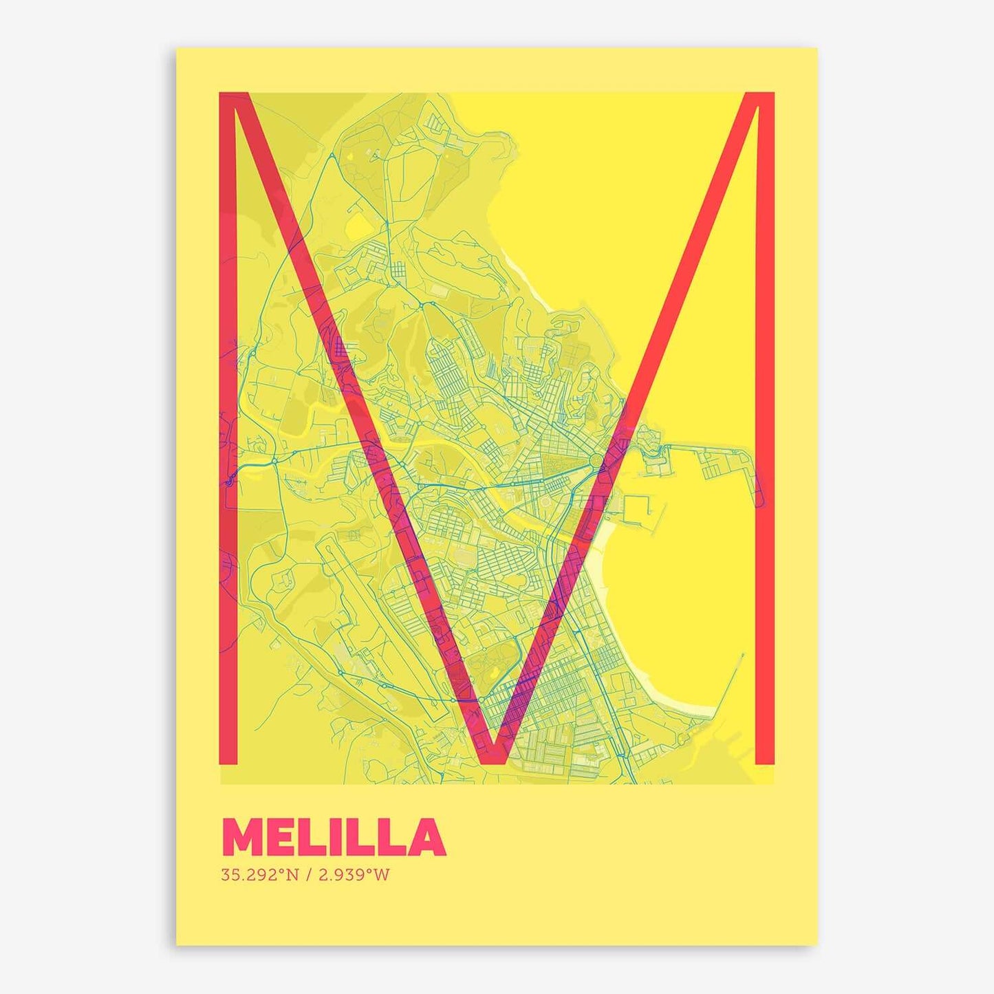 The map of Melilla composed with letters in extra light font printed on yellow and fuchsia
