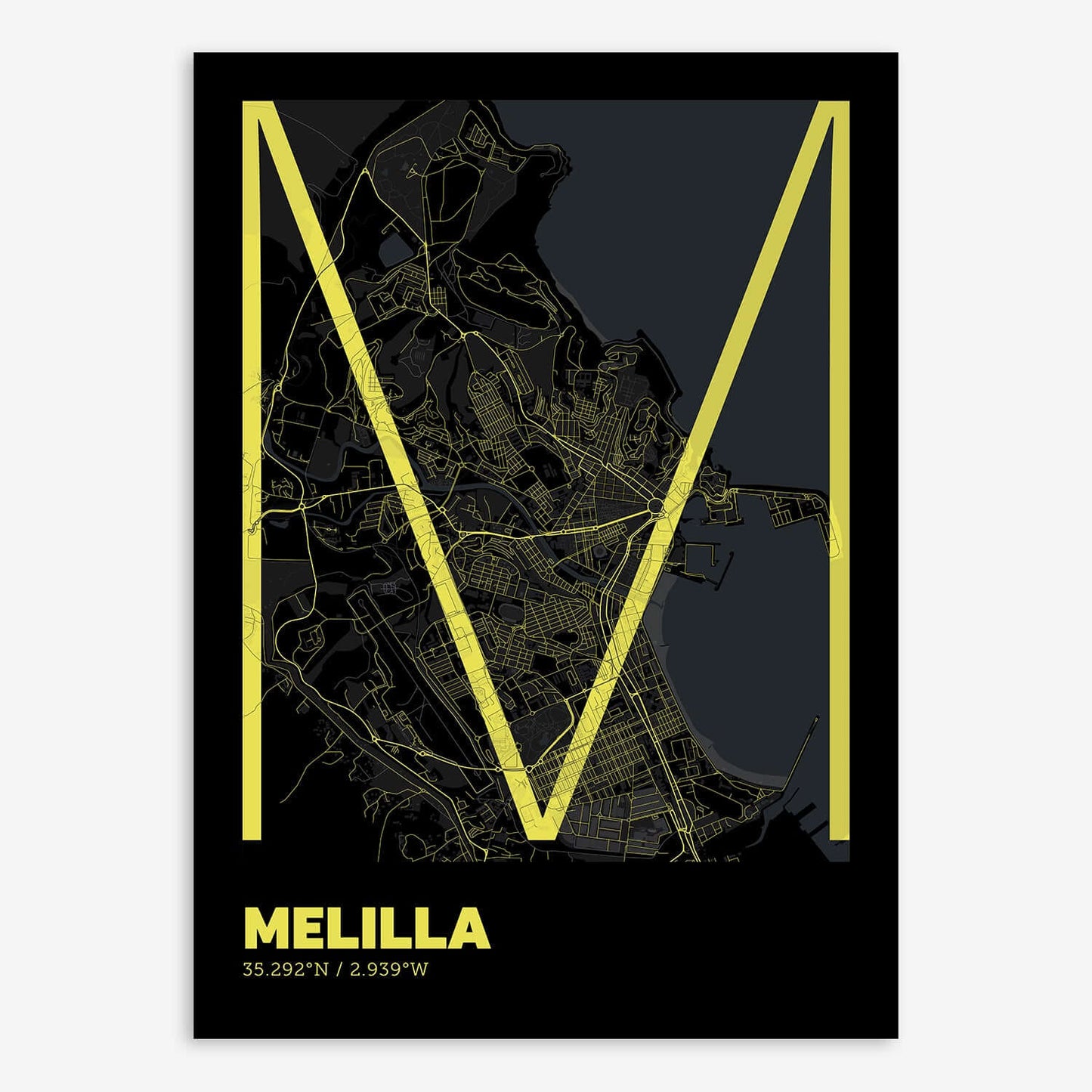 The map of Melilla composed with letters in extra light font printed on black and yellow