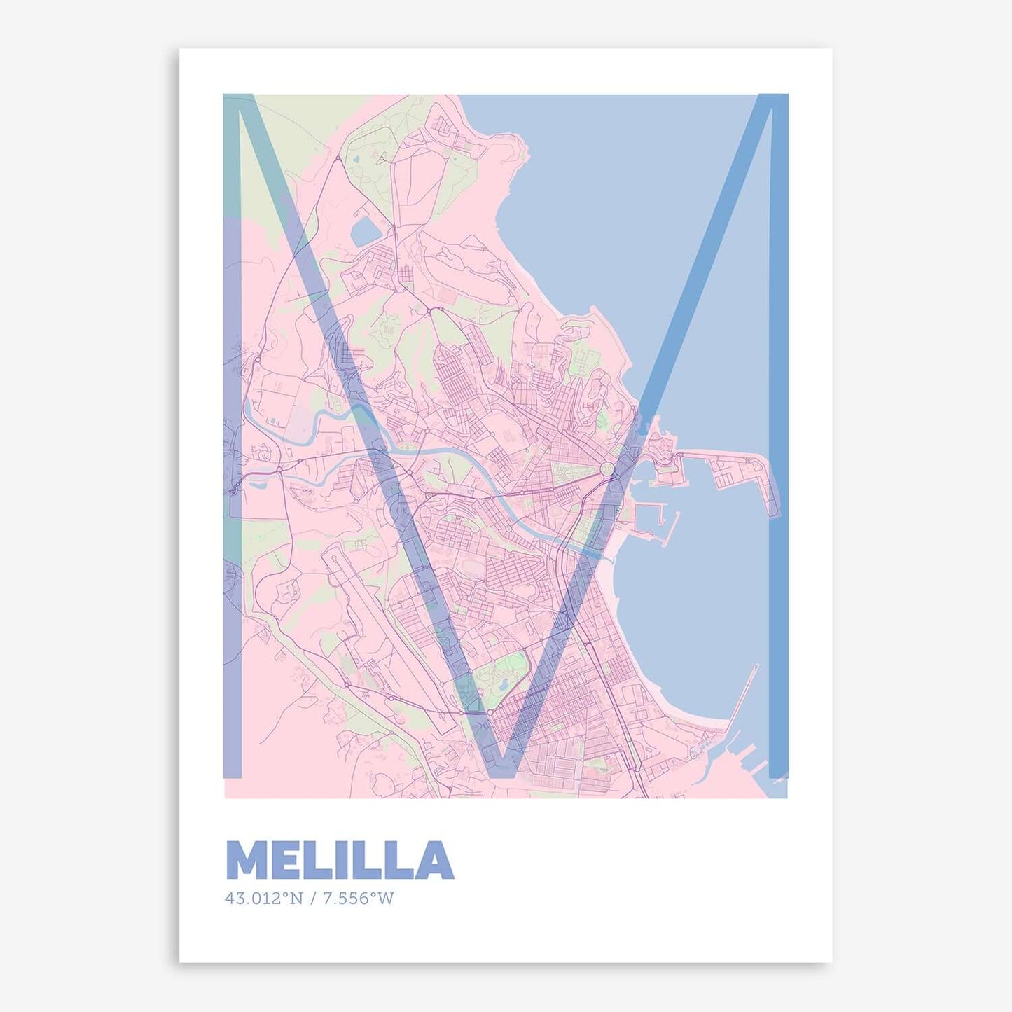 The map of Melilla composed with letters in extra light font printed on pink and light blue