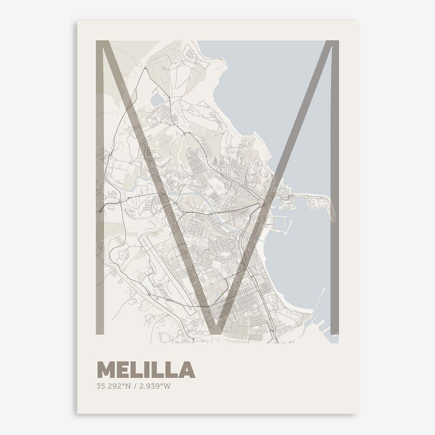 The map of Melilla composed with letters in extra light font printed on light brown and an off-white background