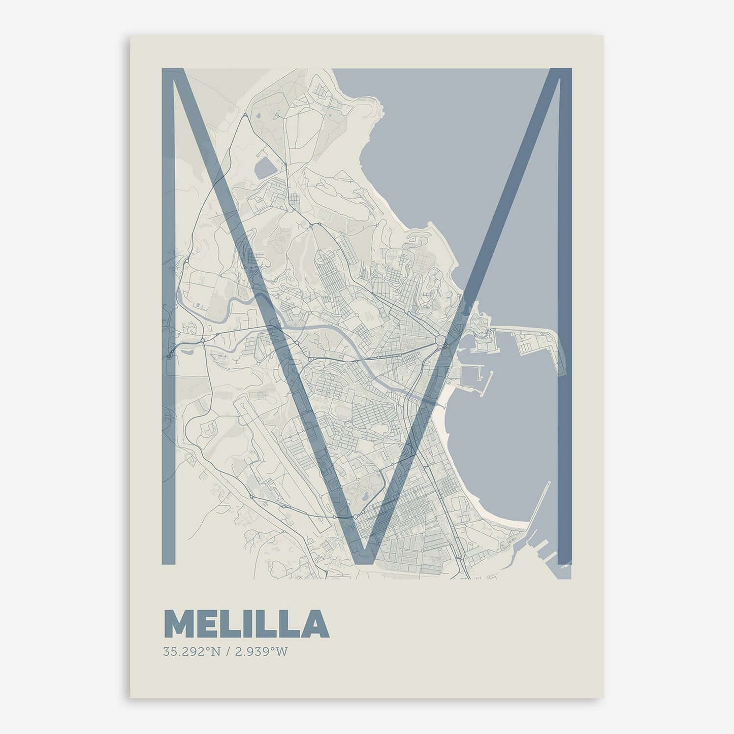 The map of Melilla composed with letters in extra light font printed on bluish gray and an off-white background