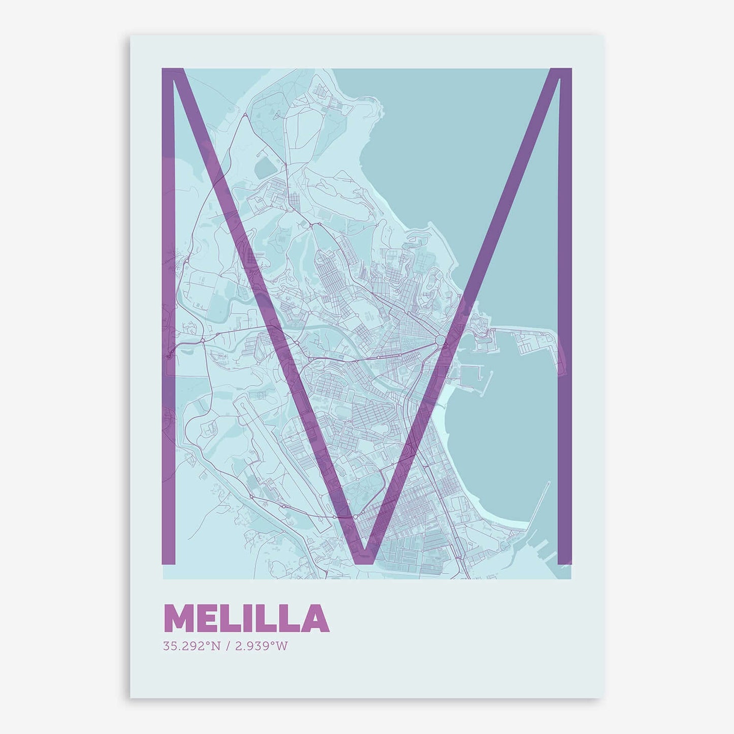 The map of Melilla composed with letters in extra light font printed on purple and light blue