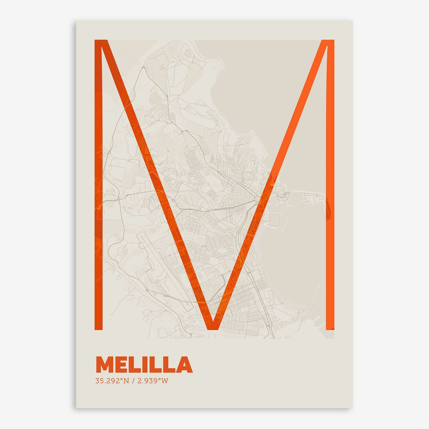 The map of Melilla composed with letters in extra light font printed on orange and an off-white background