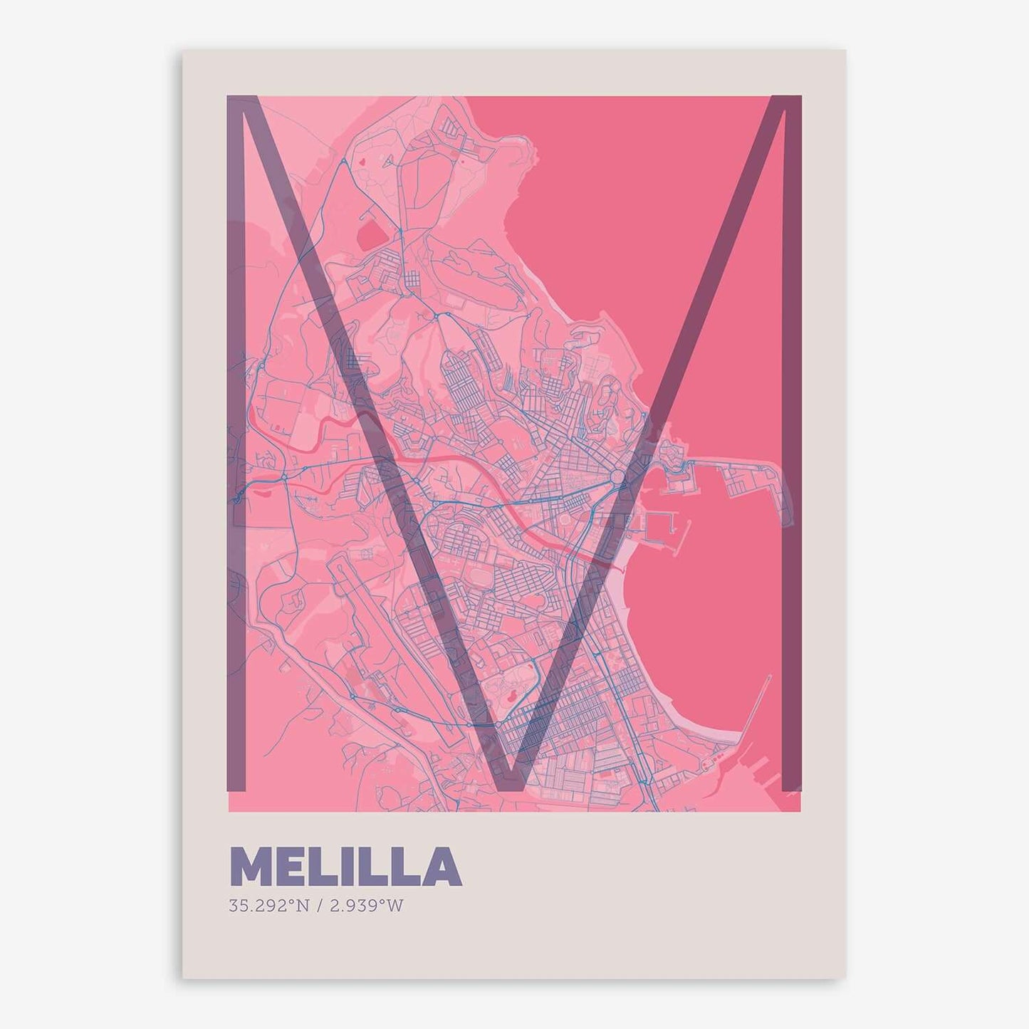 The map of Melilla composed with letters in extra light font printed on violet y pink background
