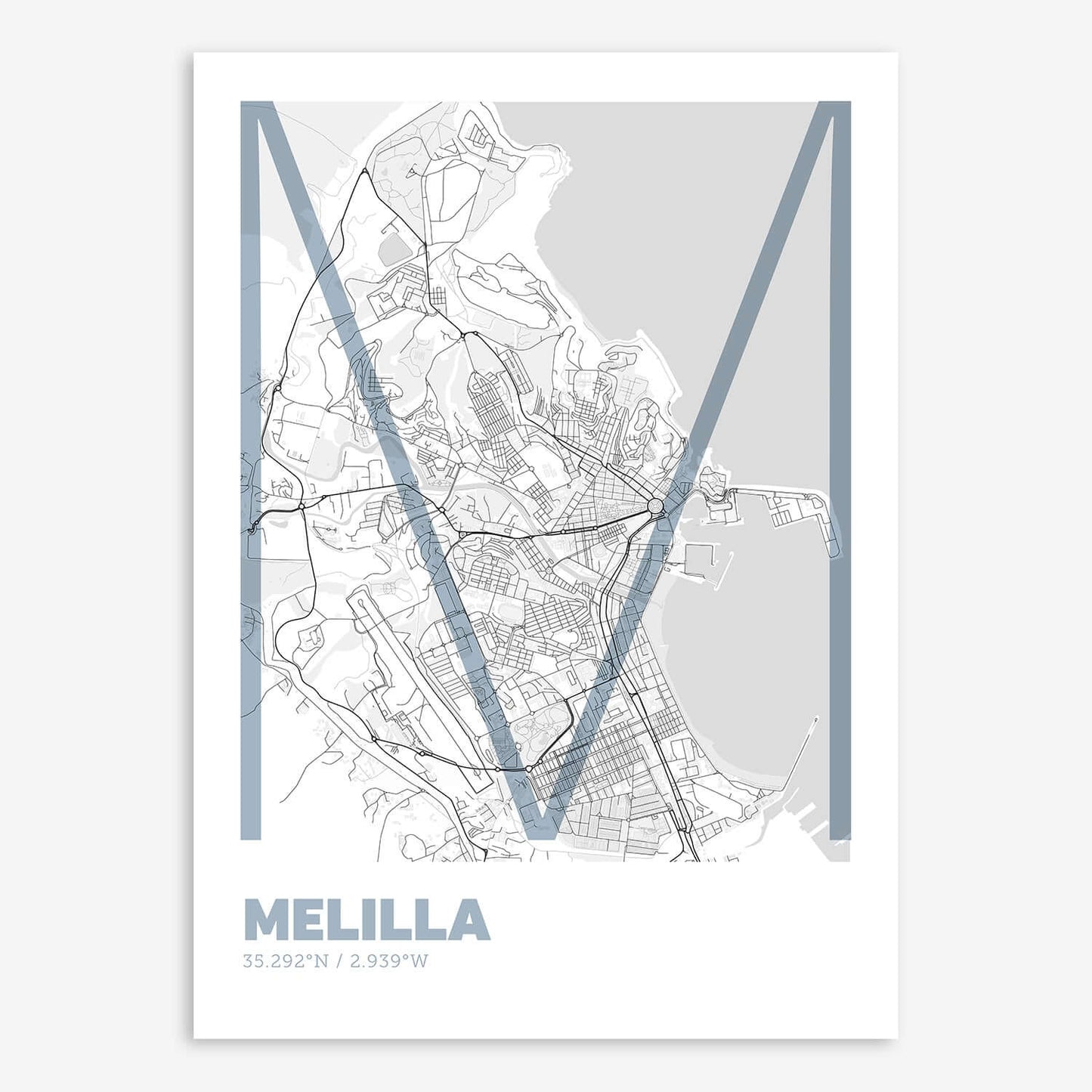 The map of Melilla composed with letters in extra light font printed on black and white