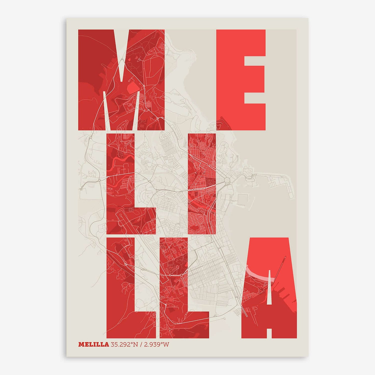 The map of Melilla with letters of its name placed randomly, designed in red and an off-white background