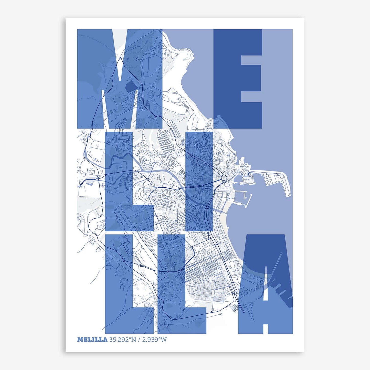 The map of Melilla with letters of its name placed randomly, designed in navy blue and white