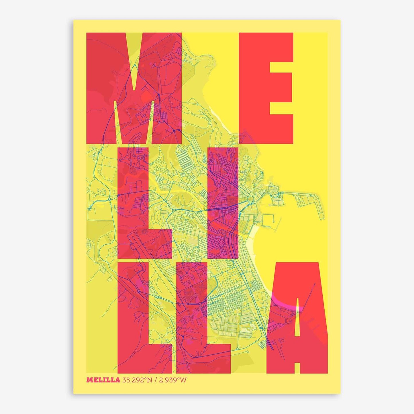 The map of Melilla with letters of its name placed randomly, designed in yellow and fuchsia