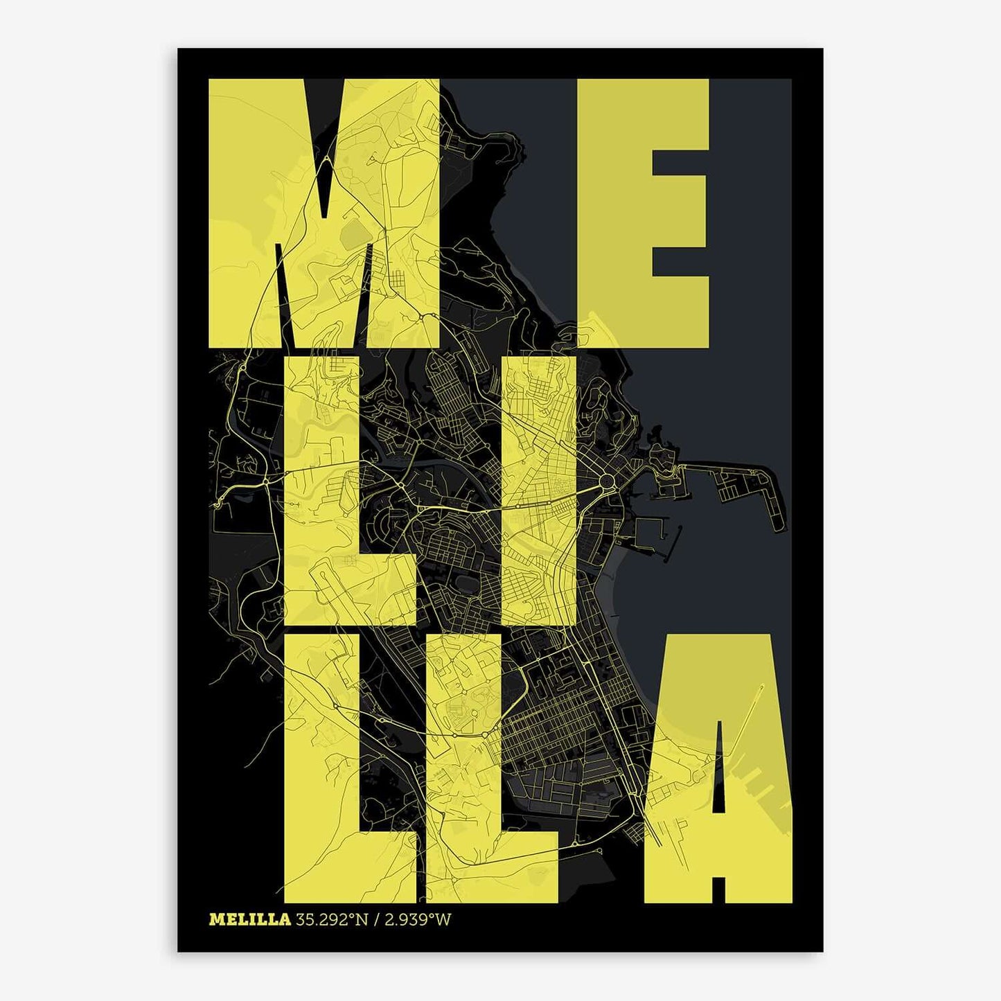 The map of Melilla with letters of its name placed randomly, designed in black and yellow