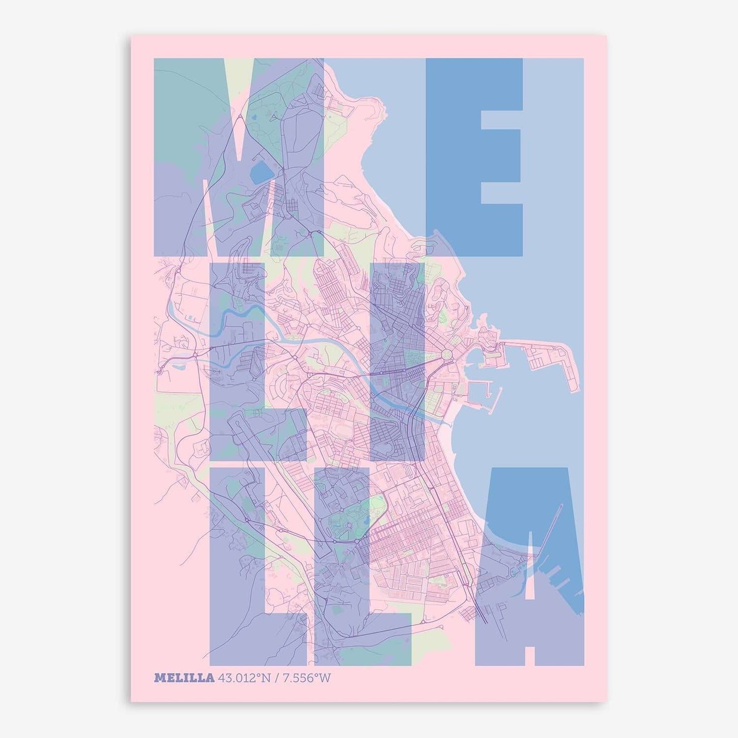 The map of Melilla with letters of its name placed randomly, designed in pink and light blue