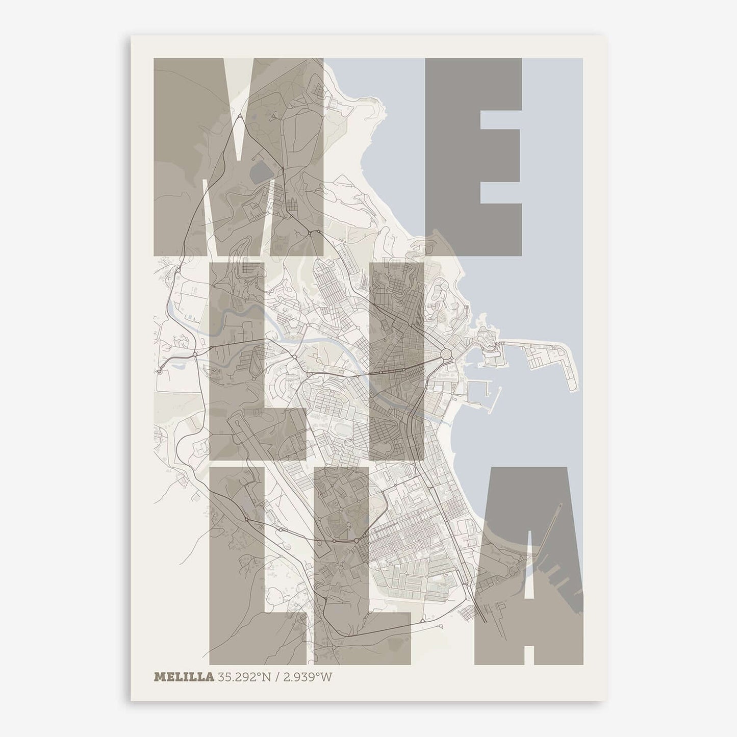 The map of Melilla with letters of its name placed randomly, designed in light brown and an off-white background