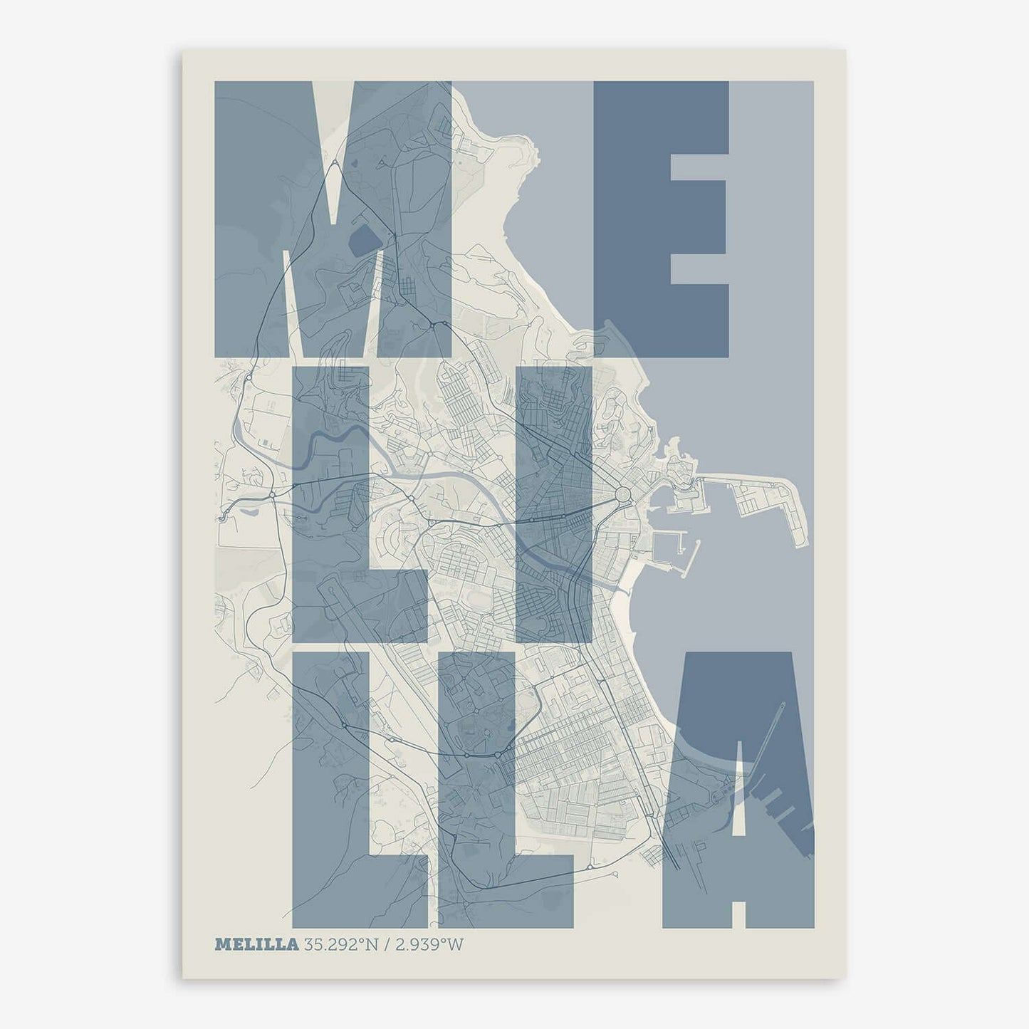 The map of Melilla with letters of its name placed randomly, designed in bluish gray and an off-white background