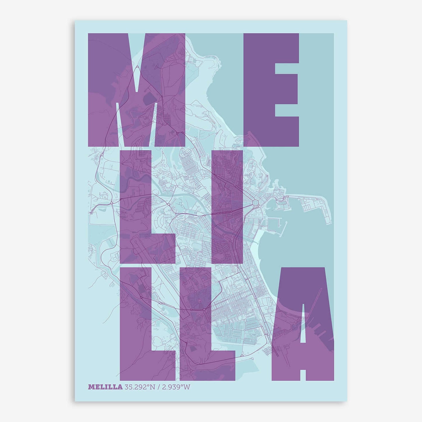 The map of Melilla with letters of its name placed randomly, designed in purple and light blue