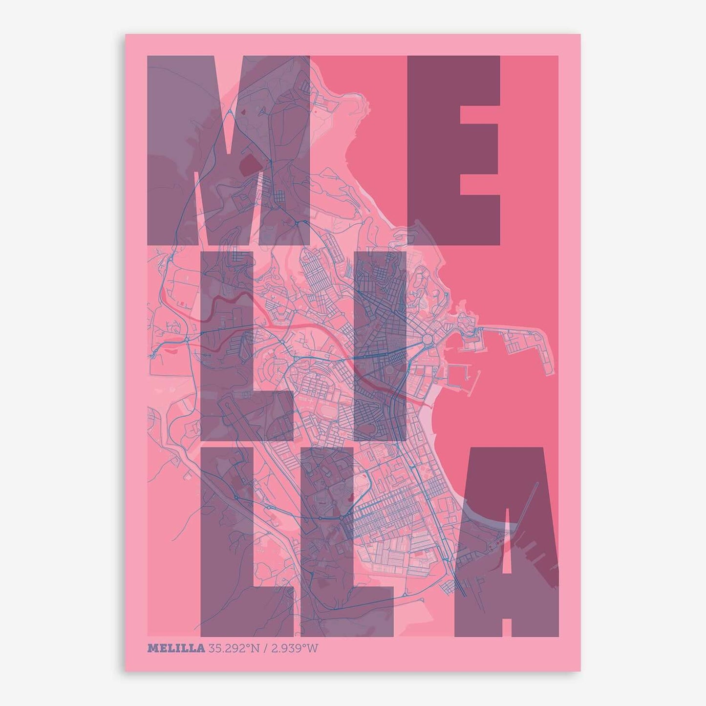 The map of Melilla with letters of its name placed randomly, designed in violet y pink background