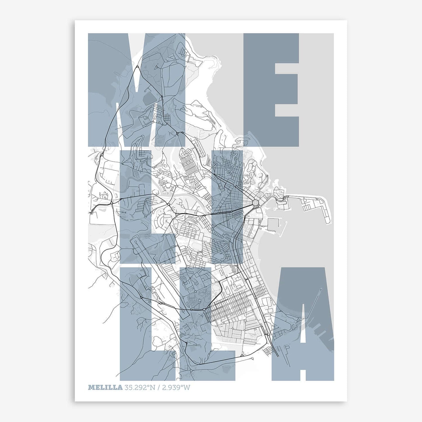 The map of Melilla with letters of its name placed randomly, designed in black and white