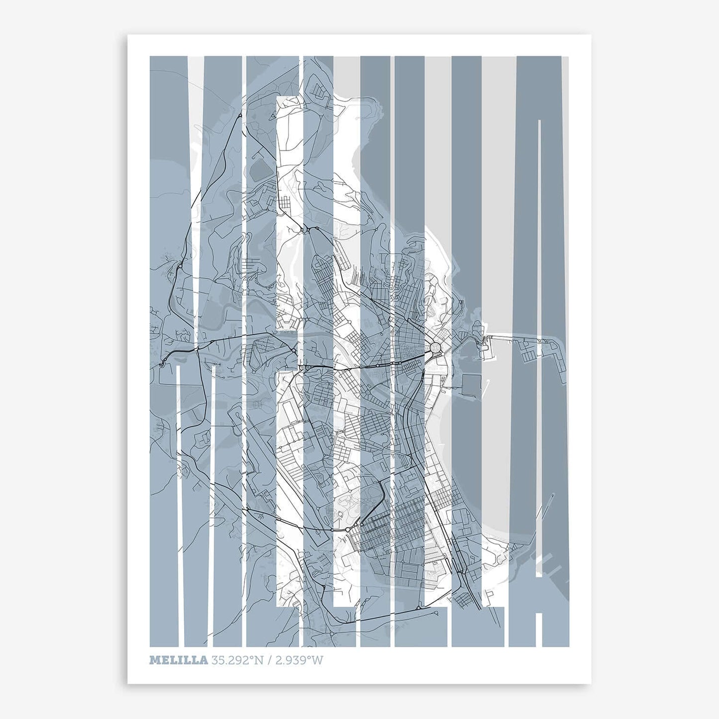 The map of Melilla and letters of its name in a giclée print designed in black and white