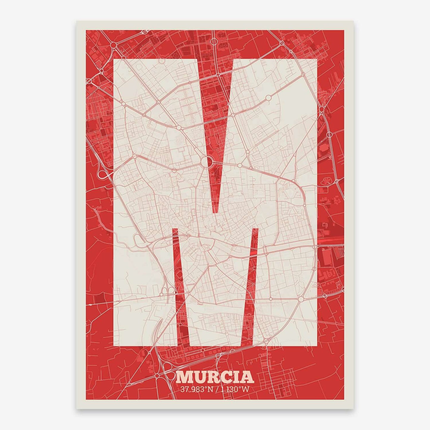 The map of Murcia composed with letters in a heavy geometric font printed on red and an off-white background