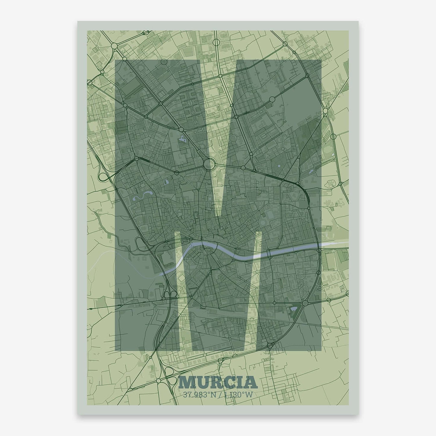 The map of Murcia composed with letters in a heavy geometric font printed on two green tones