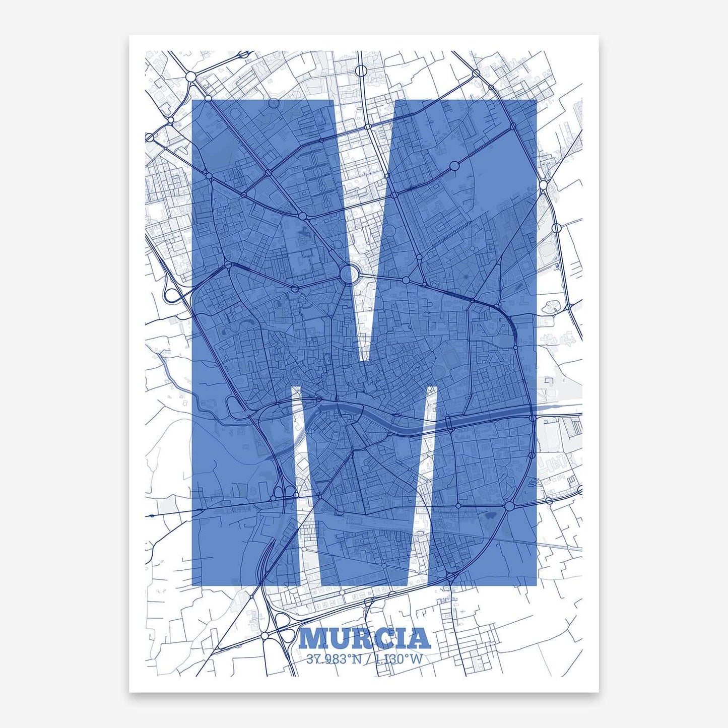The map of Murcia composed with letters in a heavy geometric font printed on navy blue and white