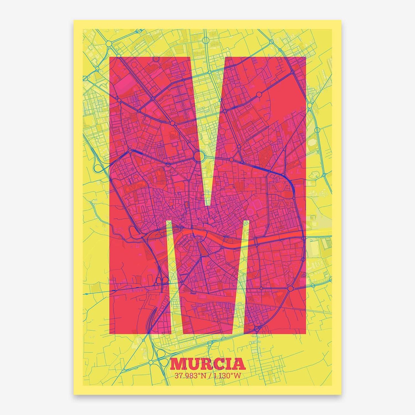 The map of Murcia composed with letters in a heavy geometric font printed on yellow and fuchsia