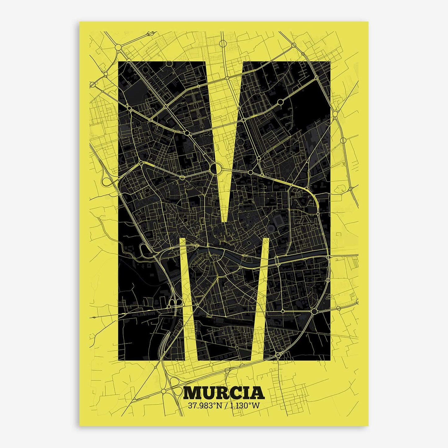 The map of Murcia composed with letters in a heavy geometric font printed on black and yellow