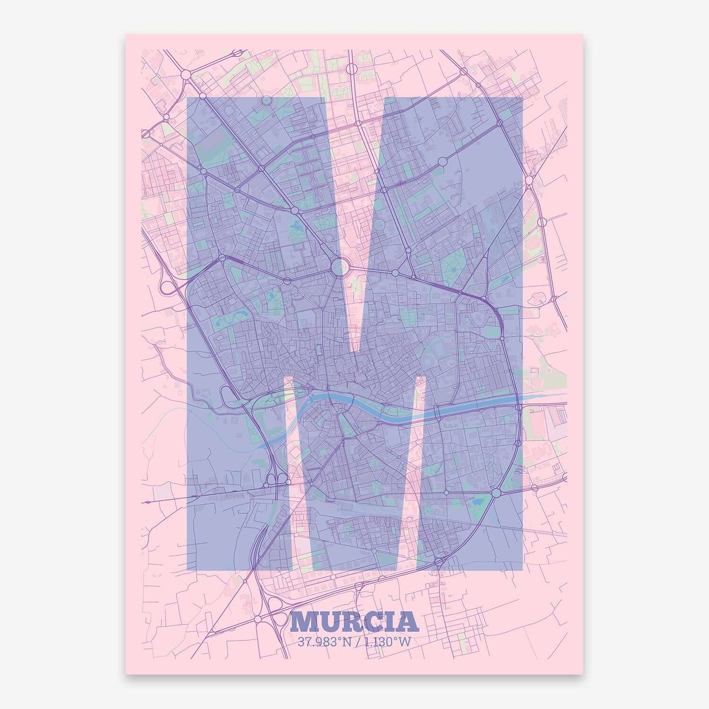 The map of Murcia composed with letters in a heavy geometric font printed on pink and light blue