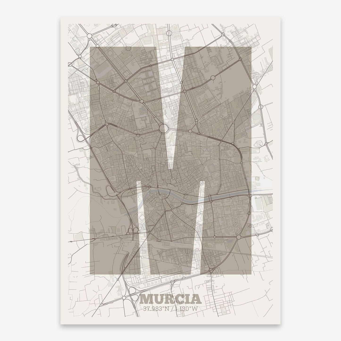 The map of Murcia composed with letters in a heavy geometric font printed on light brown and an off-white background