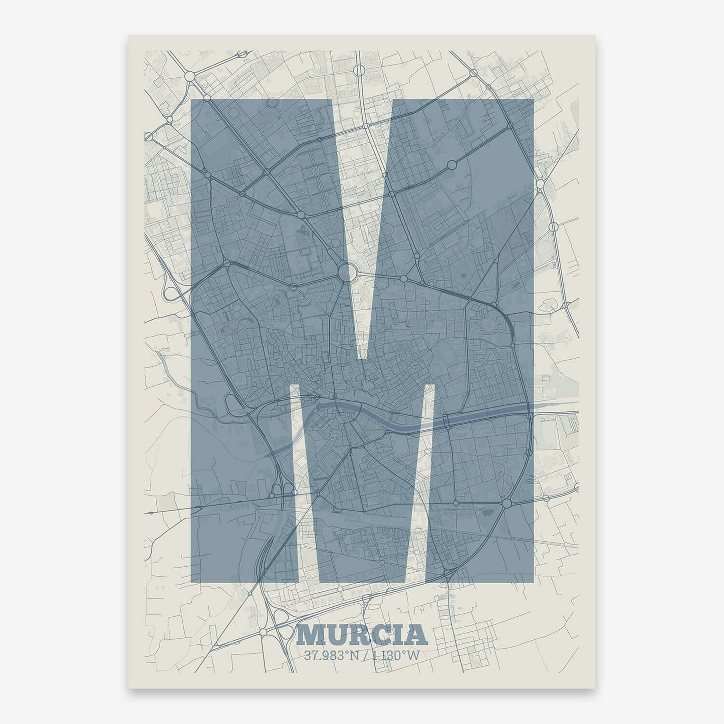 The map of Murcia composed with letters in a heavy geometric font printed on bluish gray and an off-white background