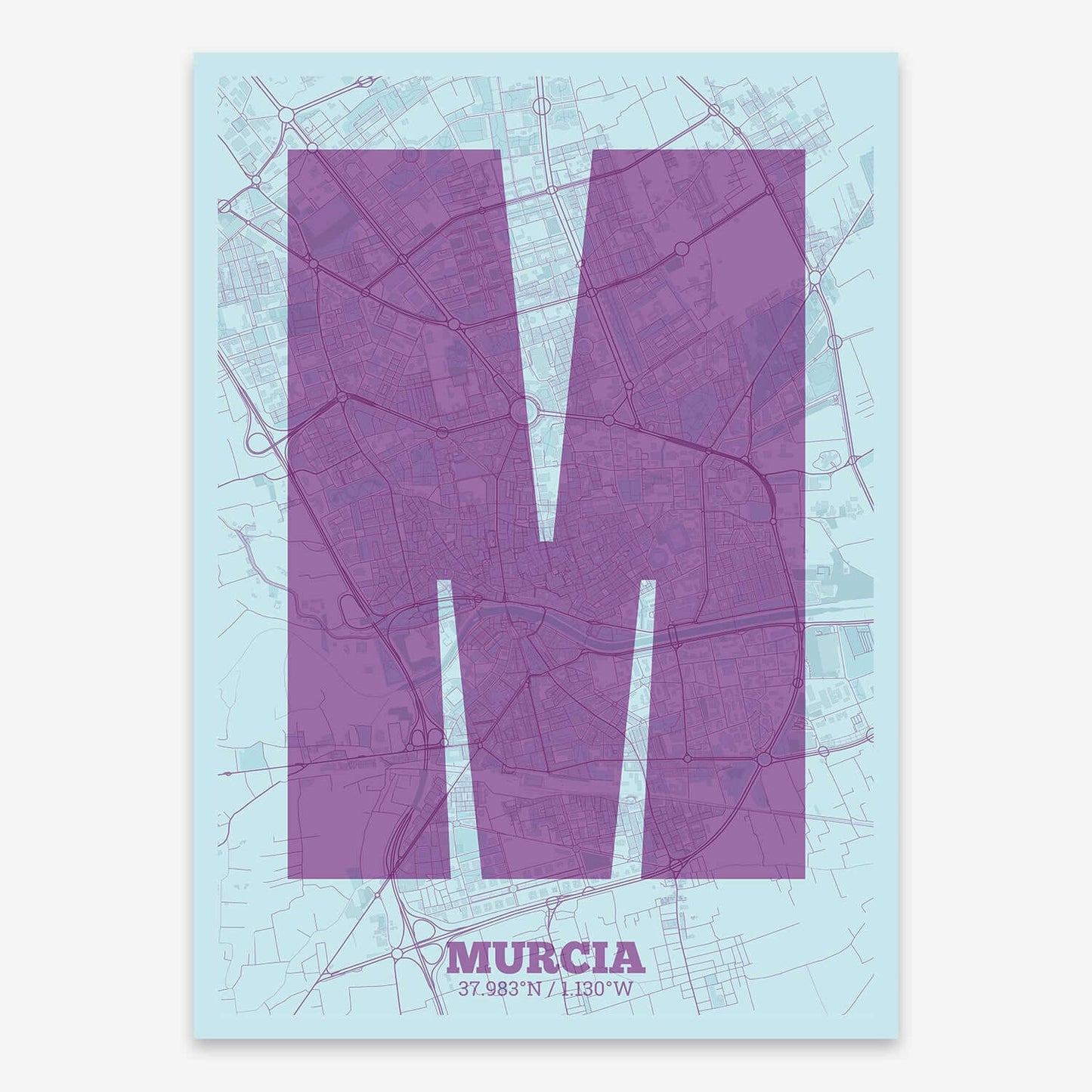 The map of Murcia composed with letters in a heavy geometric font printed on purple and light blue