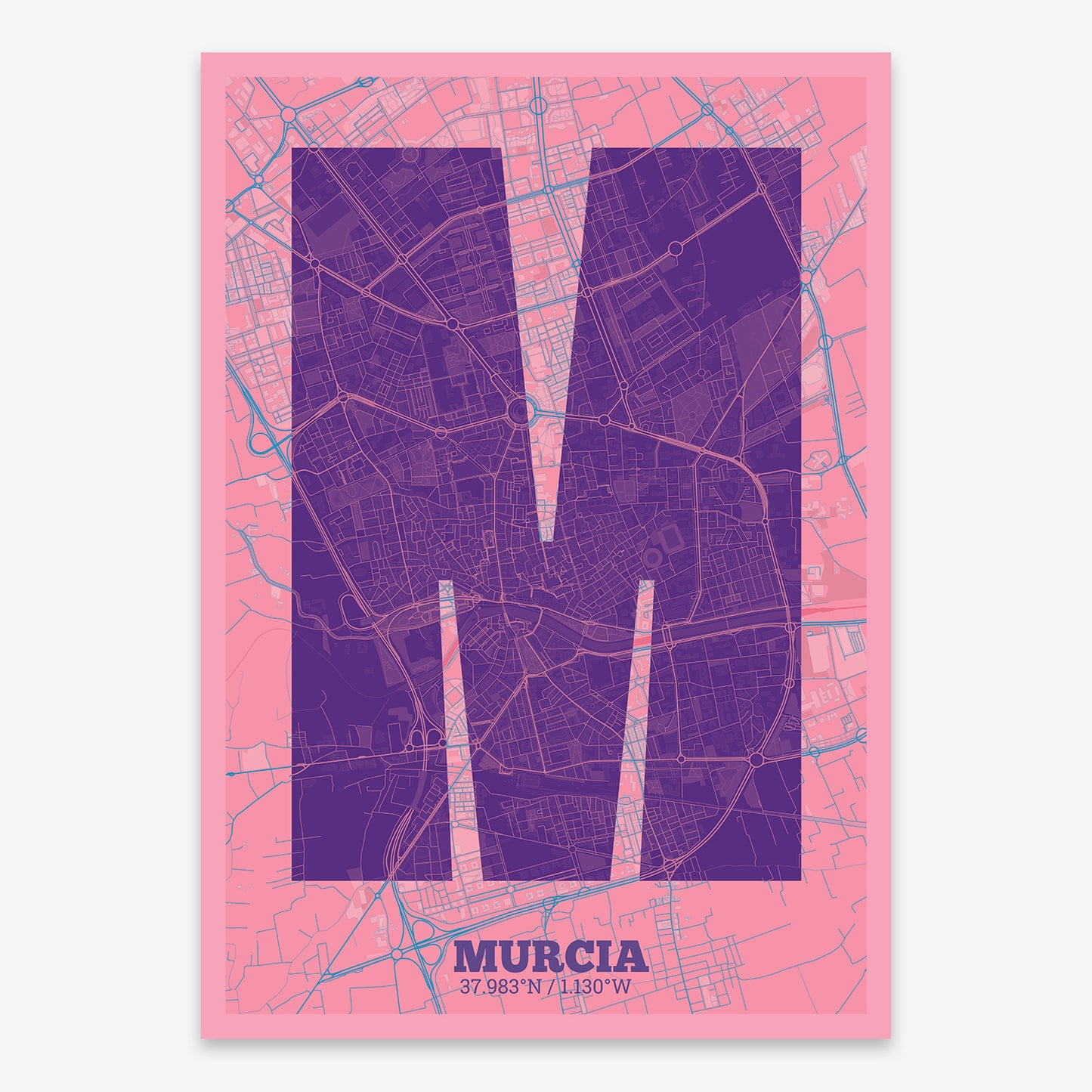 The map of Murcia composed with letters in a heavy geometric font printed on violet y pink background