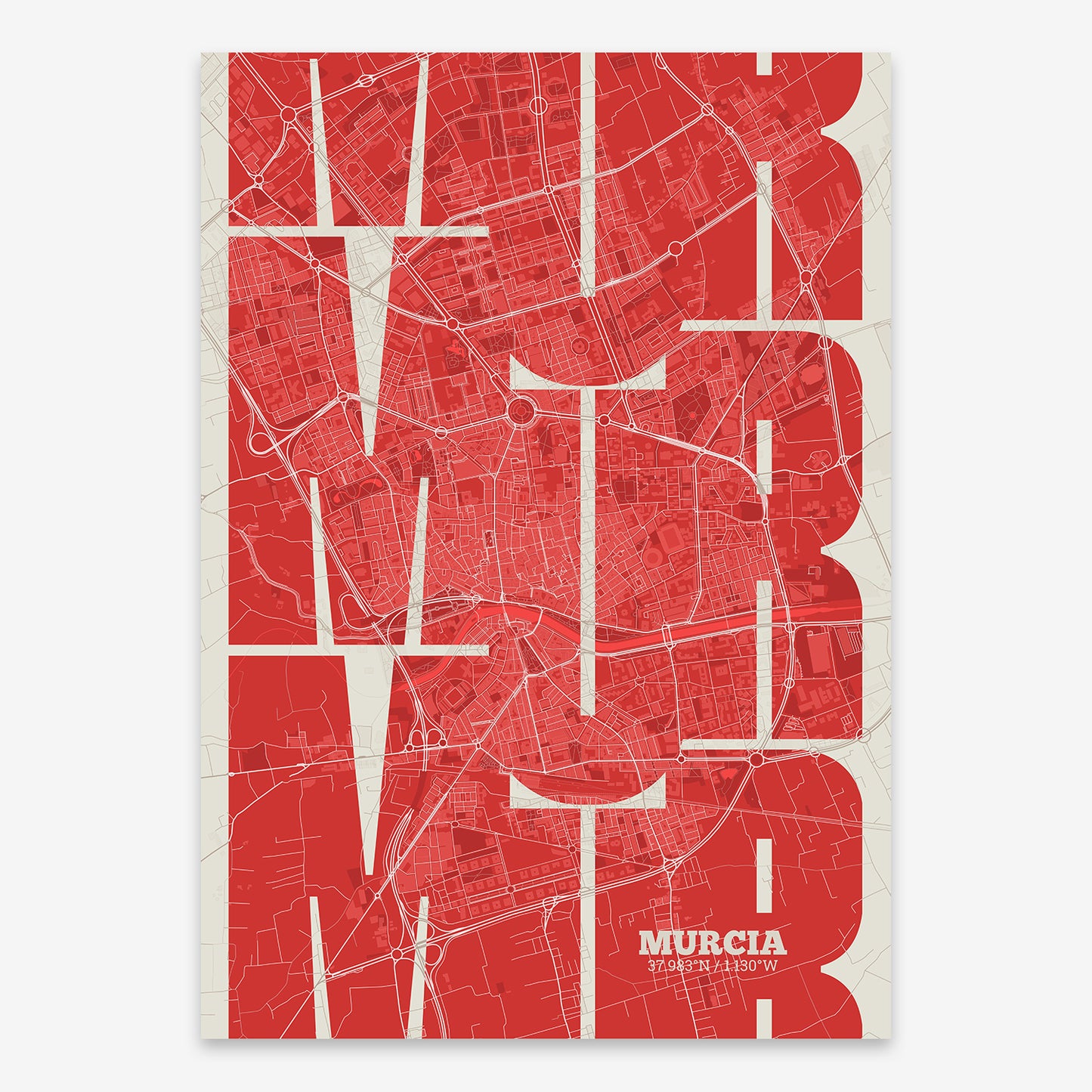 The map of Murcia composed with letters from its name or IATA code printed on red and an off-white background