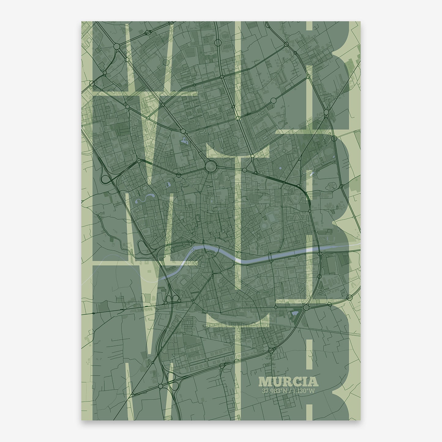 The map of Murcia composed with letters from its name or IATA code printed on two green tones