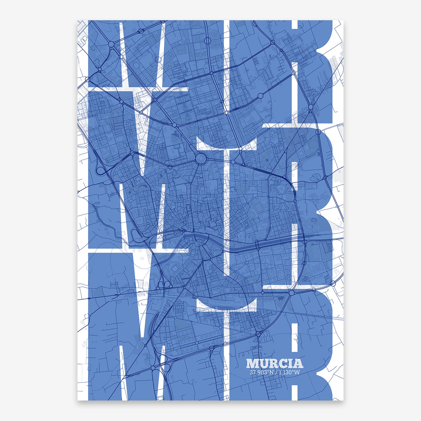 The map of Murcia composed with letters from its name or IATA code printed on navy blue and white