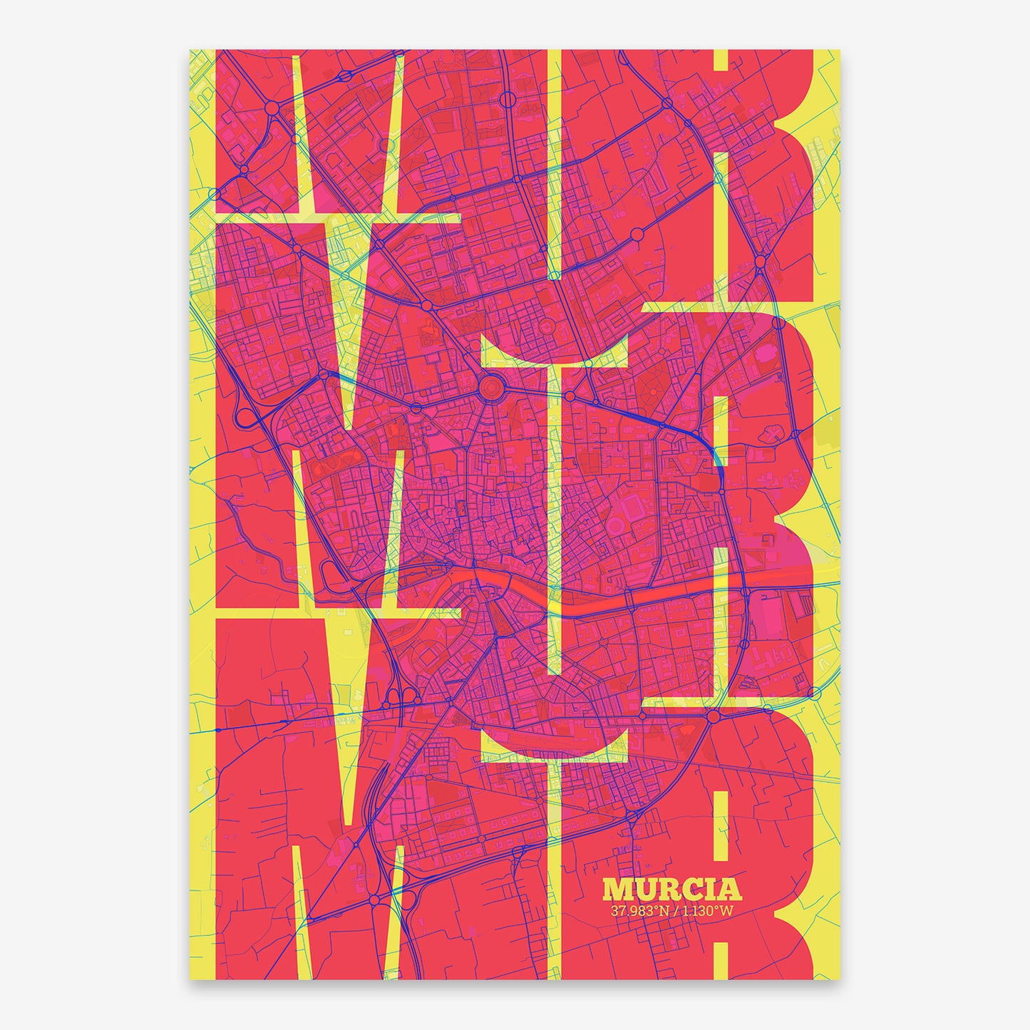 The map of Murcia composed with letters from its name or IATA code printed on yellow and fuchsia