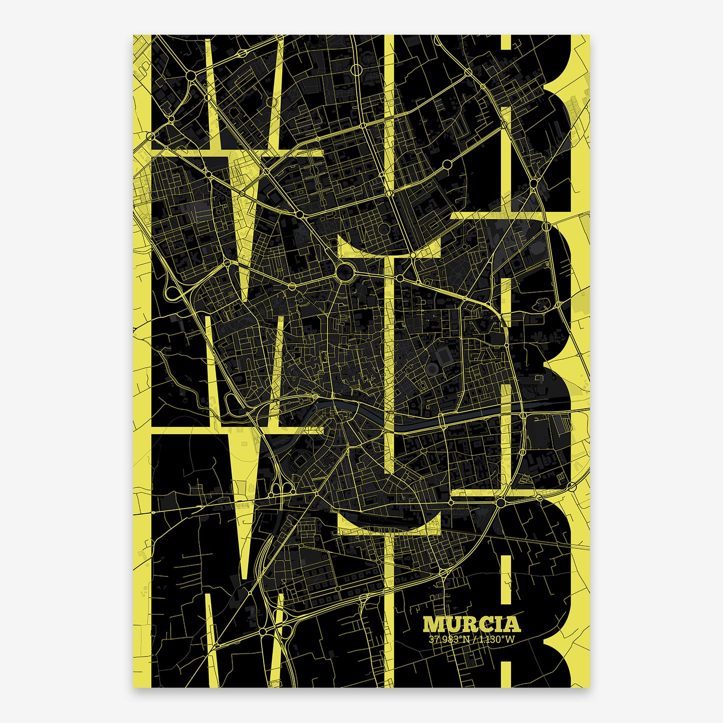 The map of Murcia composed with letters from its name or IATA code printed on black and yellow