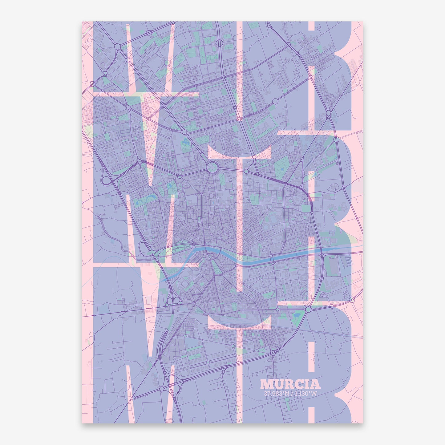 The map of Murcia composed with letters from its name or IATA code printed on pink and light blue