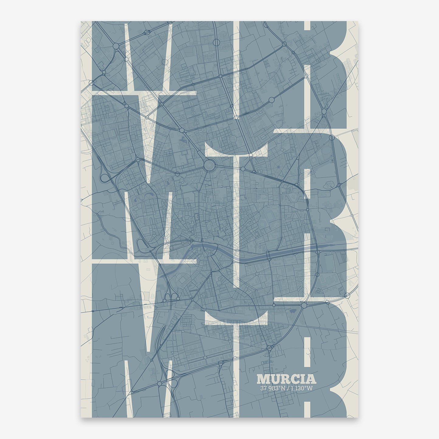 The map of Murcia composed with letters from its name or IATA code printed on bluish gray and an off-white background