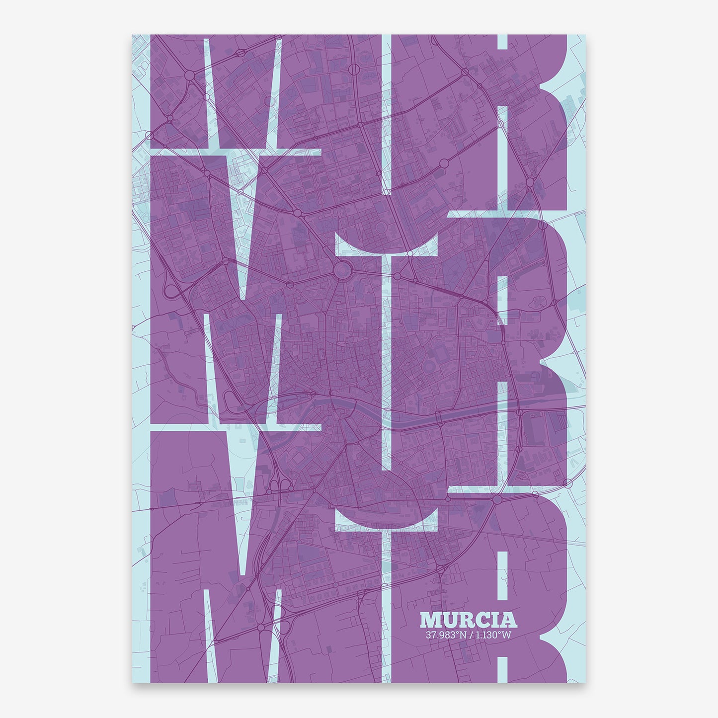 The map of Murcia composed with letters from its name or IATA code printed on purple and light blue